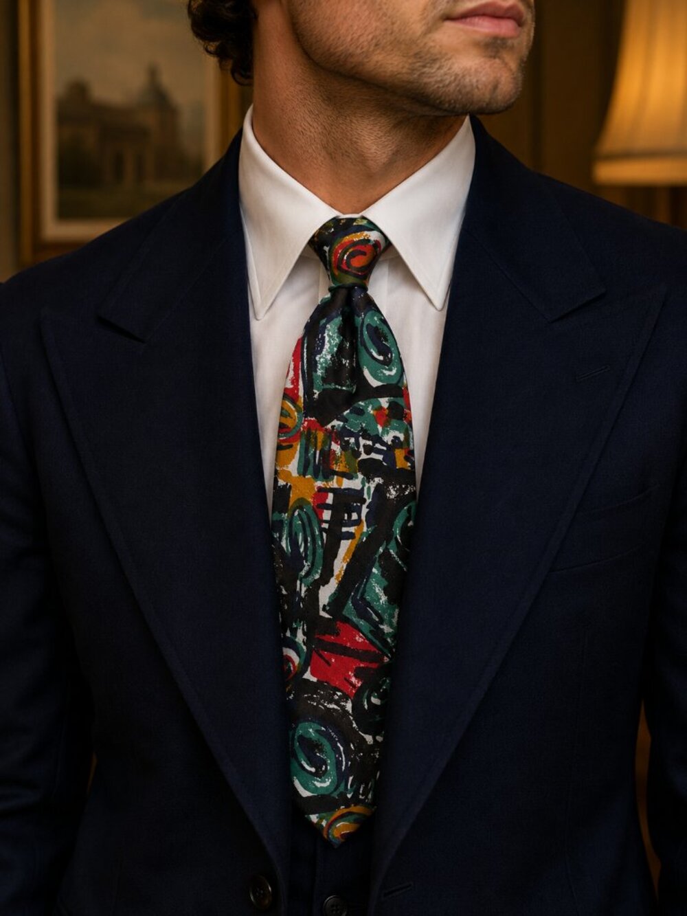 Vintage Vanzon 100% Silk Tie NOS Abstract Art Red Green Black 4” Wide